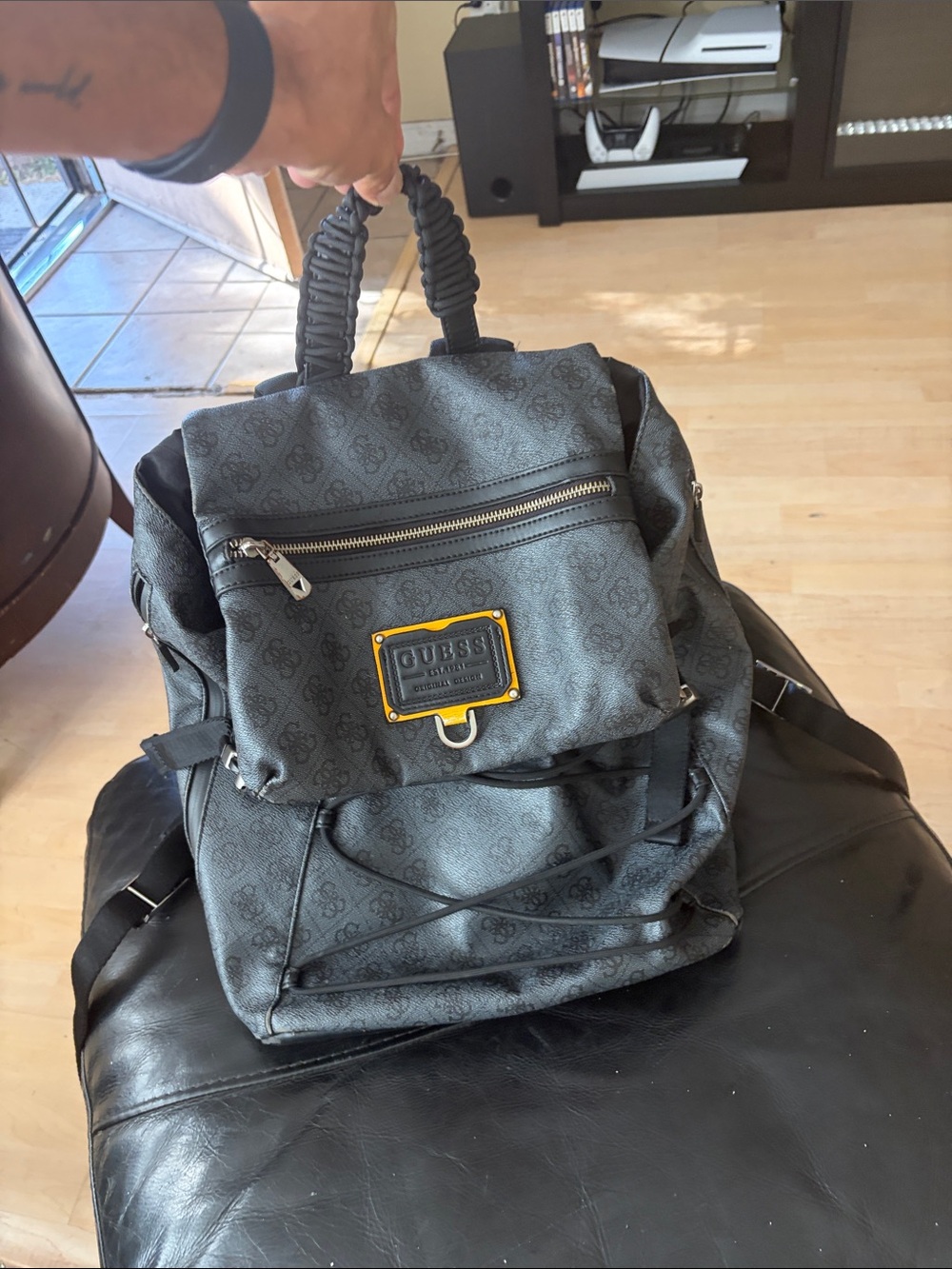 Guess Black Monogram Roll-Top Backpack with Front Zip Pocket